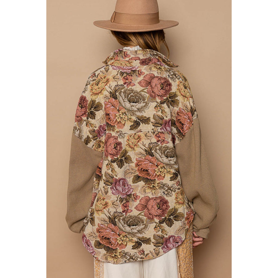 POL Contrast Sleeves Button Down Floral Jacquard Shirt Latte/Mocha / S Apparel and Accessories
