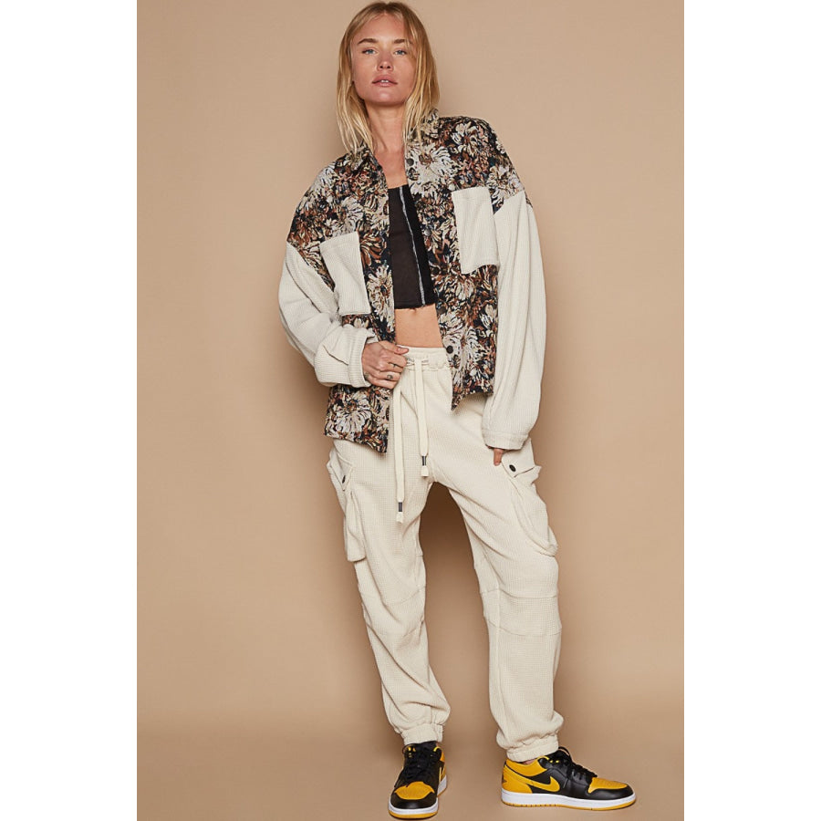 POL Contrast Sleeves Button Down Floral Jacquard Shirt Apparel and Accessories