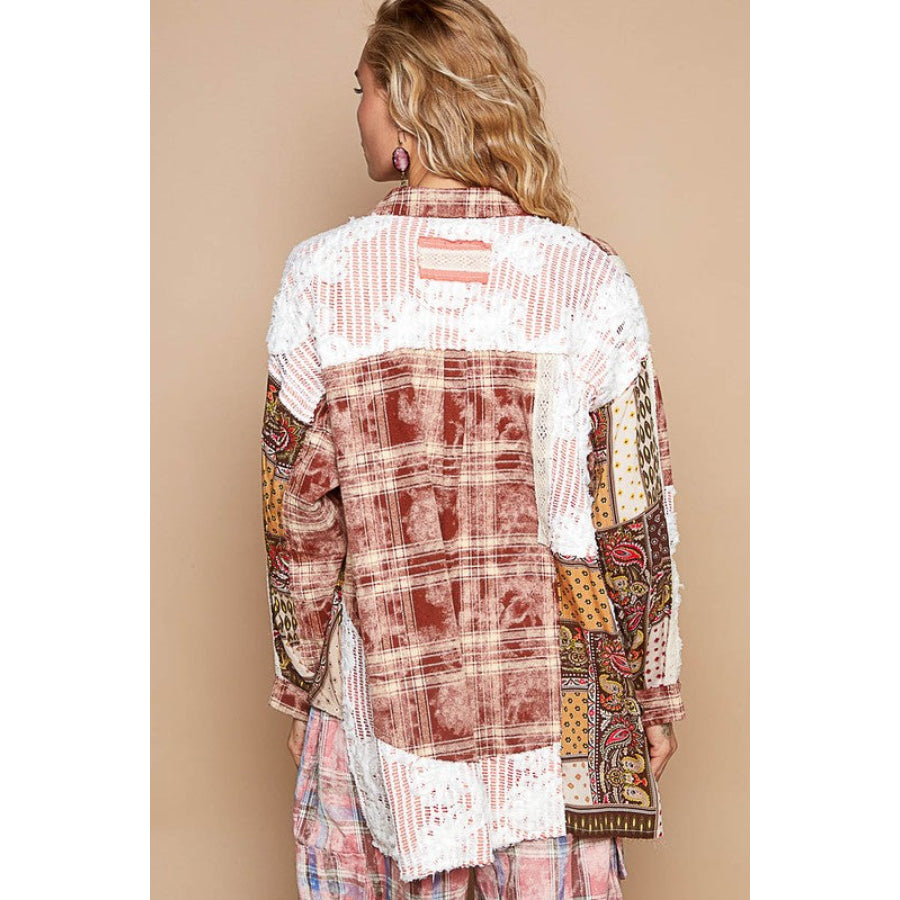 POL Crochet Plaid Patchwork Button Up Shirt Red Multicolor / S Apparel and Accessories