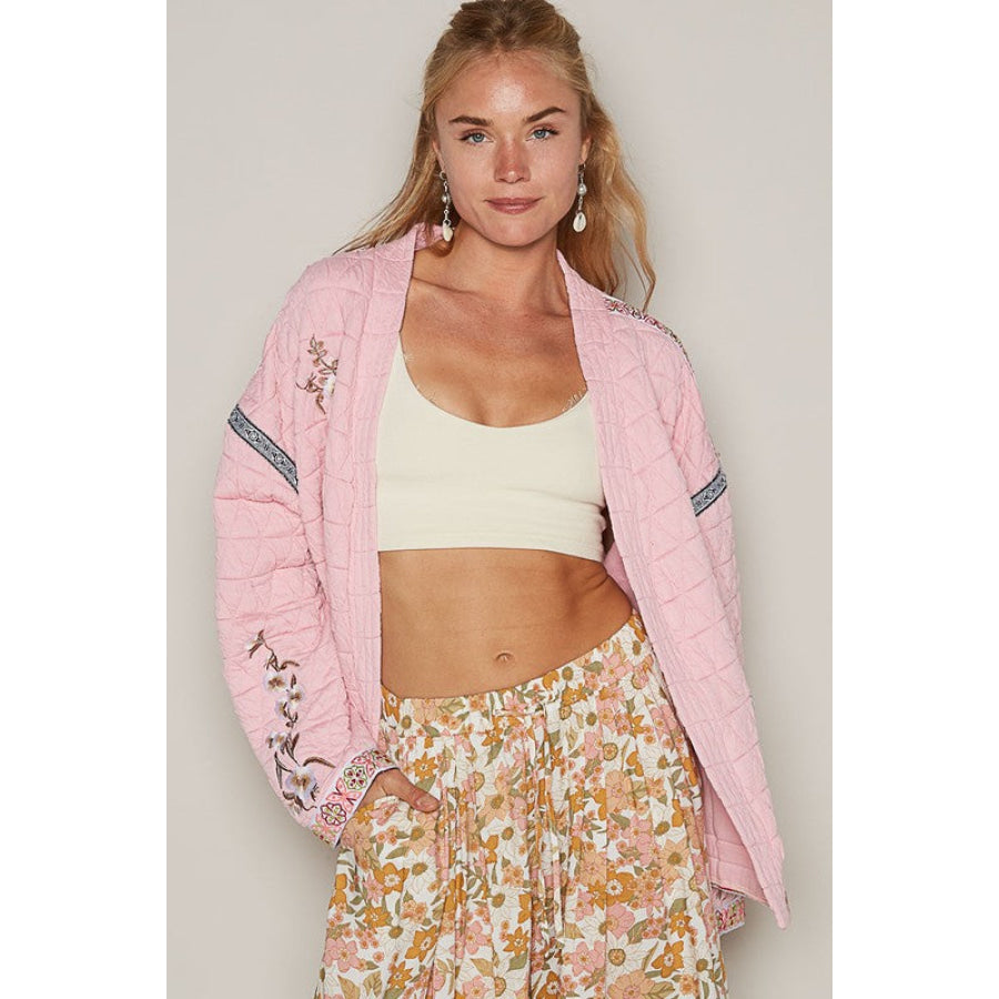 POL Embroidered Open Front Long Sleeve Jacket Apparel and Accessories