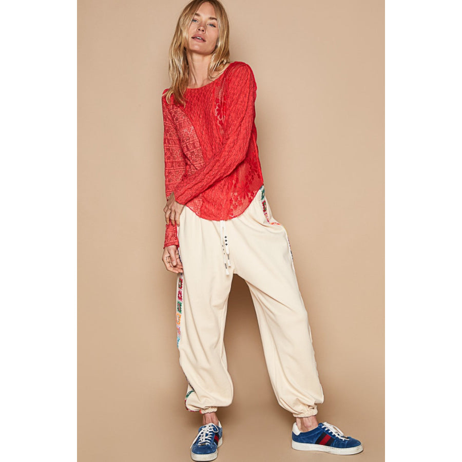 POL Exposed Seam Long Sleeve Lace Knit Top Apparel and Accessories