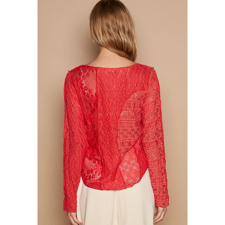 POL Exposed Seam Long Sleeve Lace Knit Top Real Red / S Apparel and Accessories