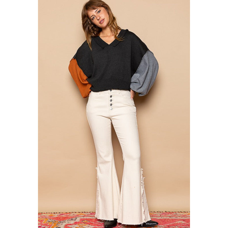 POL Exposed Seam Roll Edge Color Block V Neck Sweater Apparel and Accessories