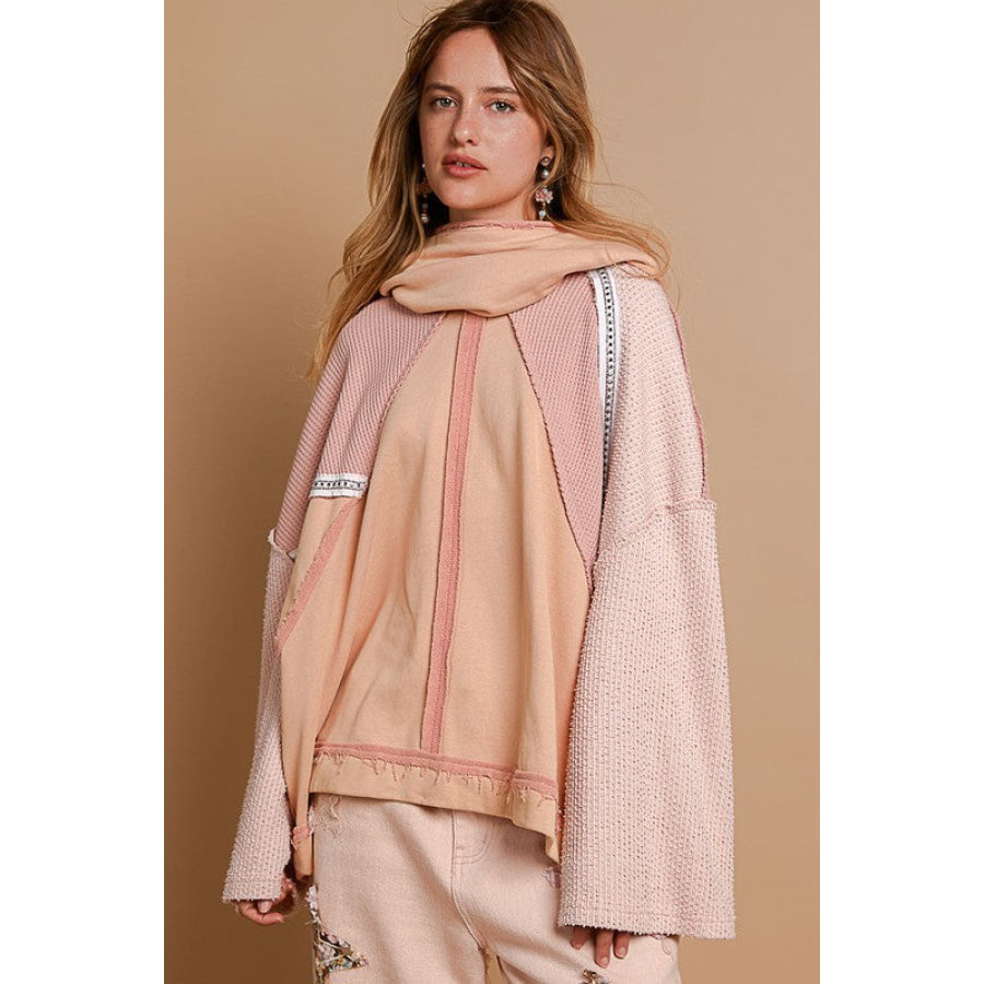 POL Exposed Seam Turtleneck Stud Trim French Terry Hoodie Apparel and Accessories