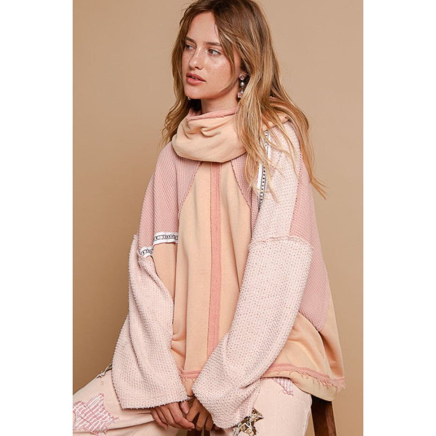POL Exposed Seam Turtleneck Stud Trim French Terry Hoodie Burnt Coral / S Apparel and Accessories