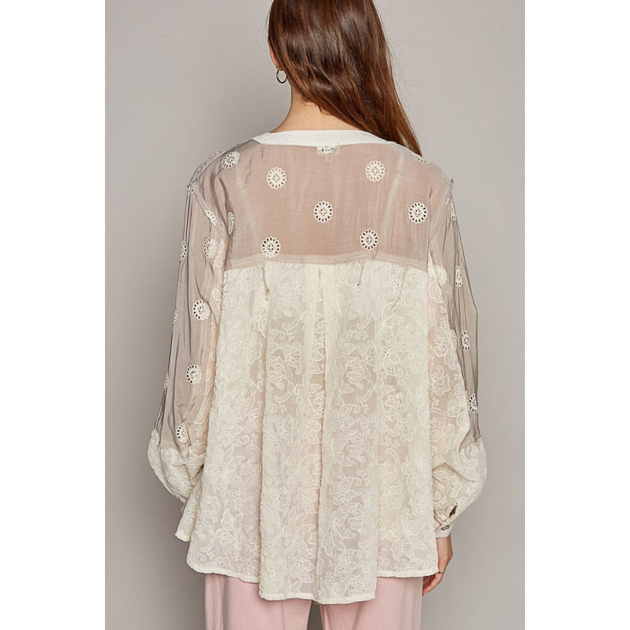 POL Eyelet Button Up Shirt Lilac Multi / S Apparel and Accessories
