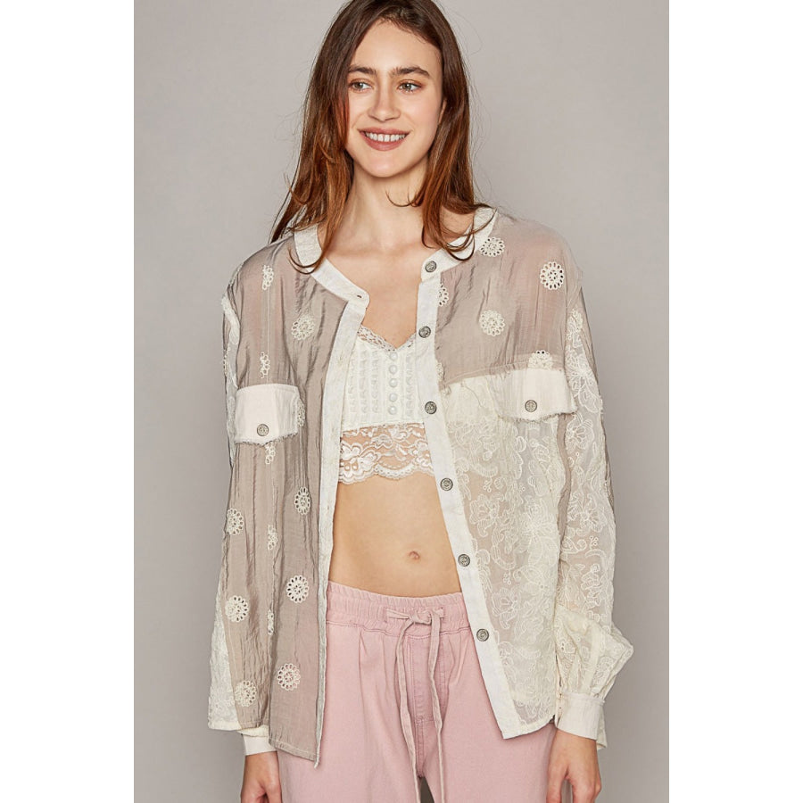POL Eyelet Button Up Shirt Lilac Multi / S Apparel and Accessories