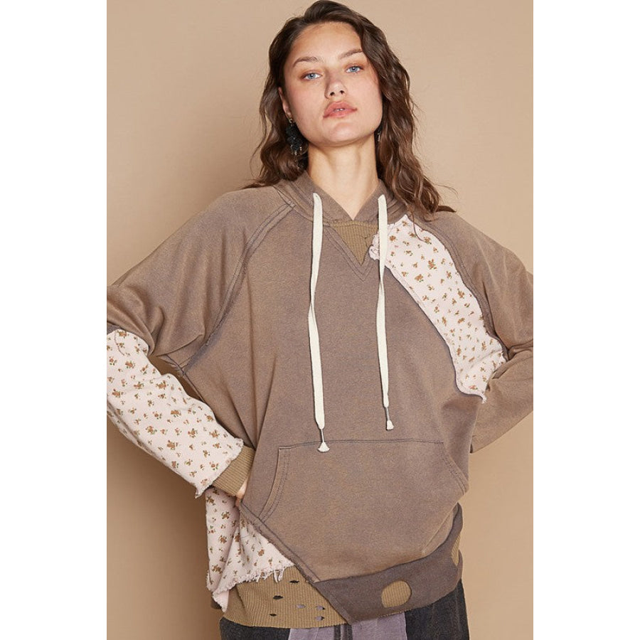 POL Floral Patchwork Distressed Drawstring Hoodie Apparel and Accessories