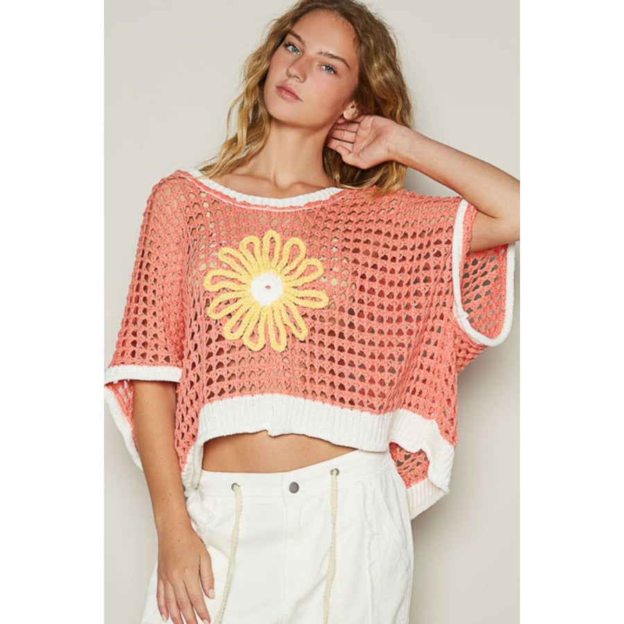 POL Hollow Out Flower Half Sleeve Knit Cover Up Coral / S Apparel and Accessories