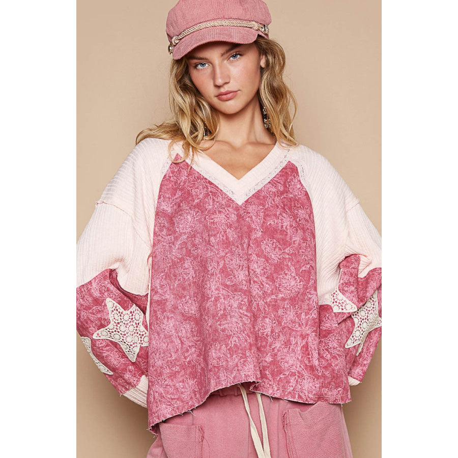 POL Lace Detail Floral Pattern V Neck Top Apparel and Accessories