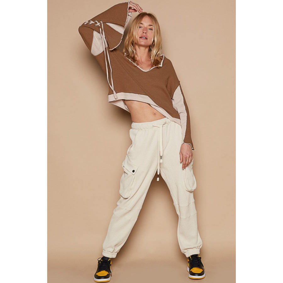 POL Lace-Up Sleeve Color Block Ribbed Knit Top Apparel and Accessories
