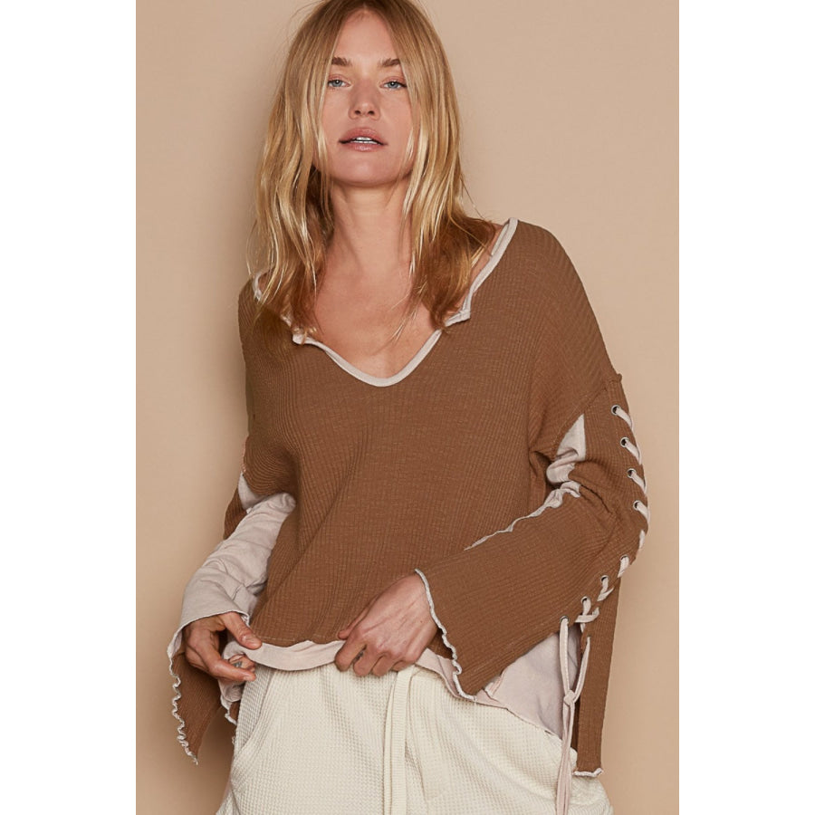 POL Lace-Up Sleeve Color Block Ribbed Knit Top Apparel and Accessories