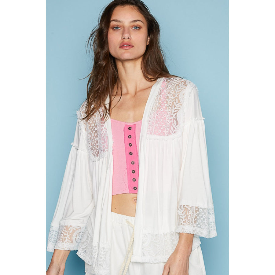 POL Open Front Lace Detail Cardigan Ivory / S Apparel and Accessories