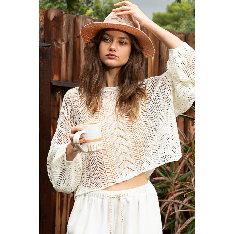 POL Openwork Balloon Sleeve Knit Cover Up Ivory / S Apparel and Accessories