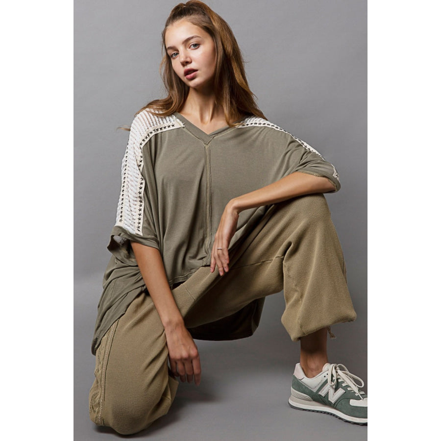 POL Oversize V-Neck Crochet Lace Contrast Studded Top Apparel and Accessories