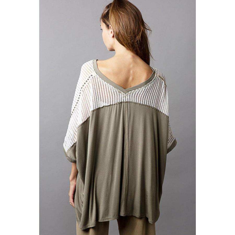 POL Oversize V-Neck Crochet Lace Contrast Studded Top Apparel and Accessories