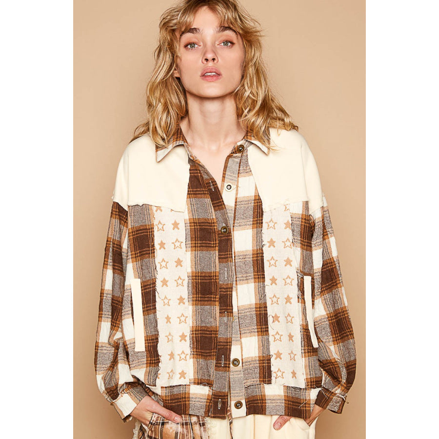 POL Plaid & Star Patchwork Contrast Long Sleeve Shacket Apparel and Accessories