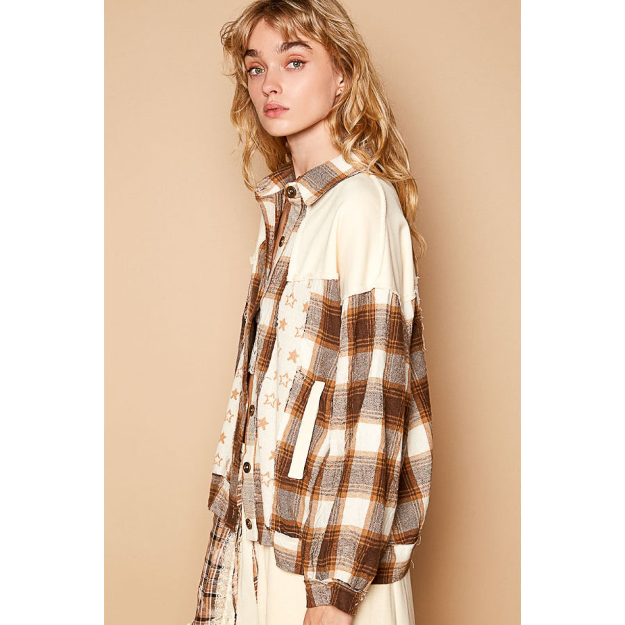 POL Plaid & Star Patchwork Contrast Long Sleeve Shacket Apparel and Accessories