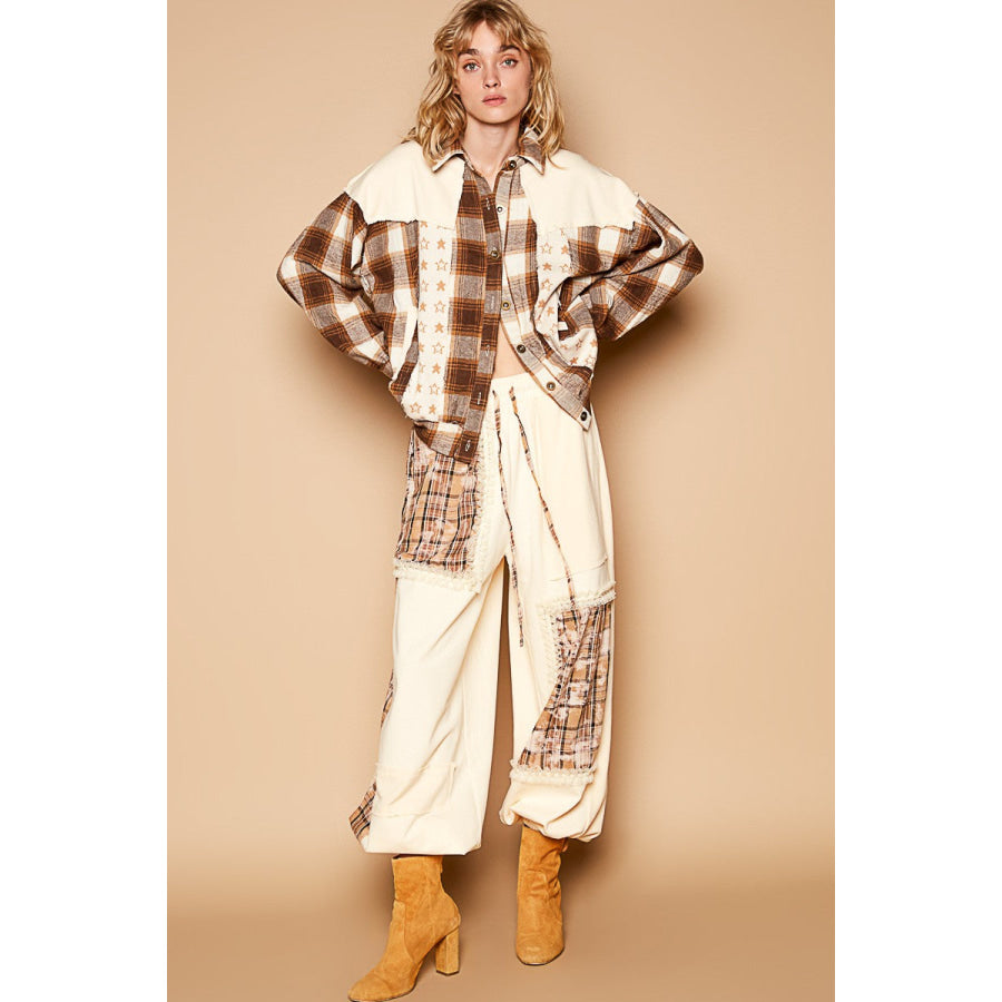POL Plaid & Star Patchwork Contrast Long Sleeve Shacket Apparel and Accessories