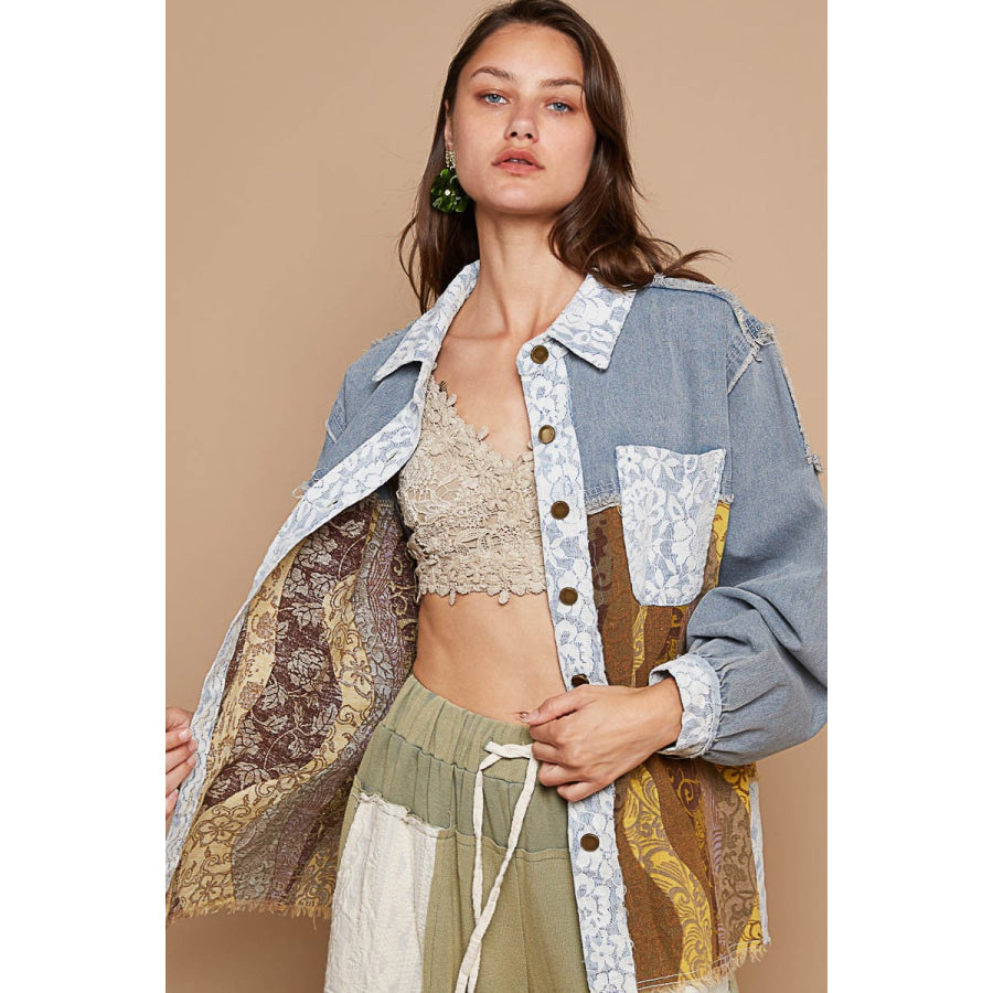 POL Raw Hem Twill Contrast Button Up Shacket Apparel and Accessories