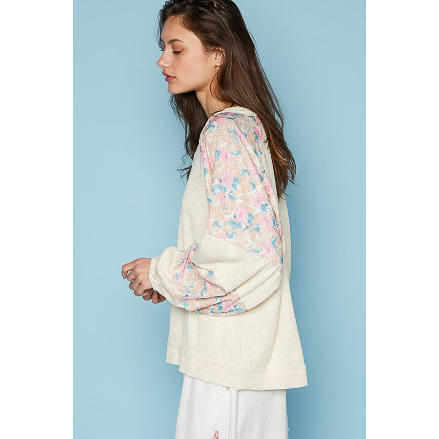 POL Round Neck Balloon Floral Long Sleeve Top Apparel and Accessories