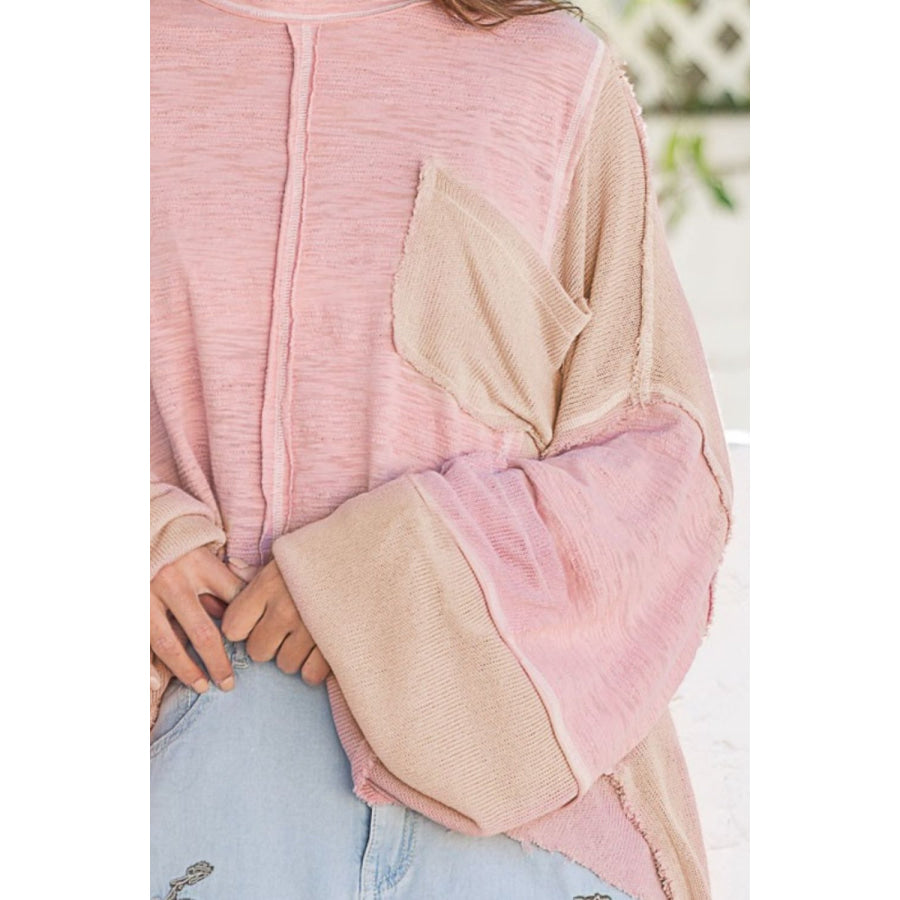 POL Round Neck Contrast Stitching High-Low Top Apparel and Accessories