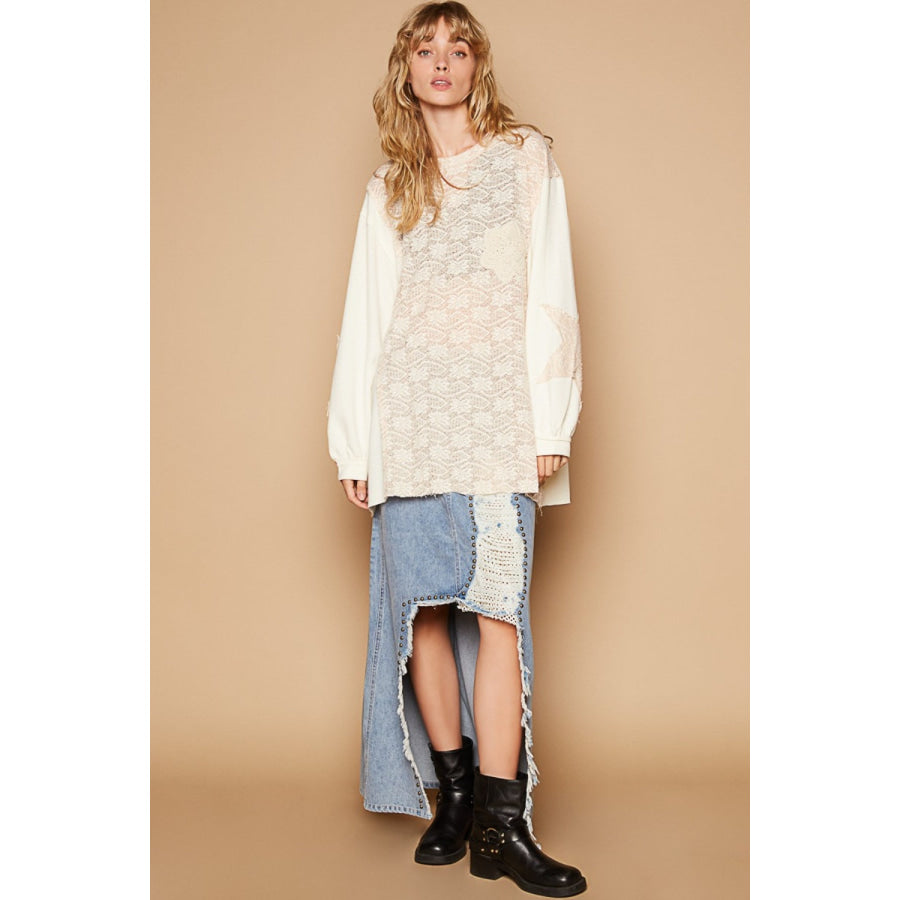 POL Round Neck Long Sleeve Crochet Patches Top Apparel and Accessories