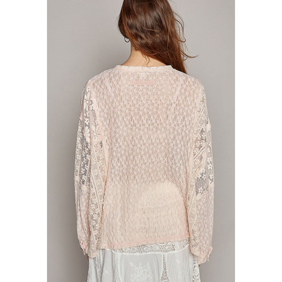 POL Round Neck Long Sleeve Raw Edge Lace Top Blush / S Apparel and Accessories