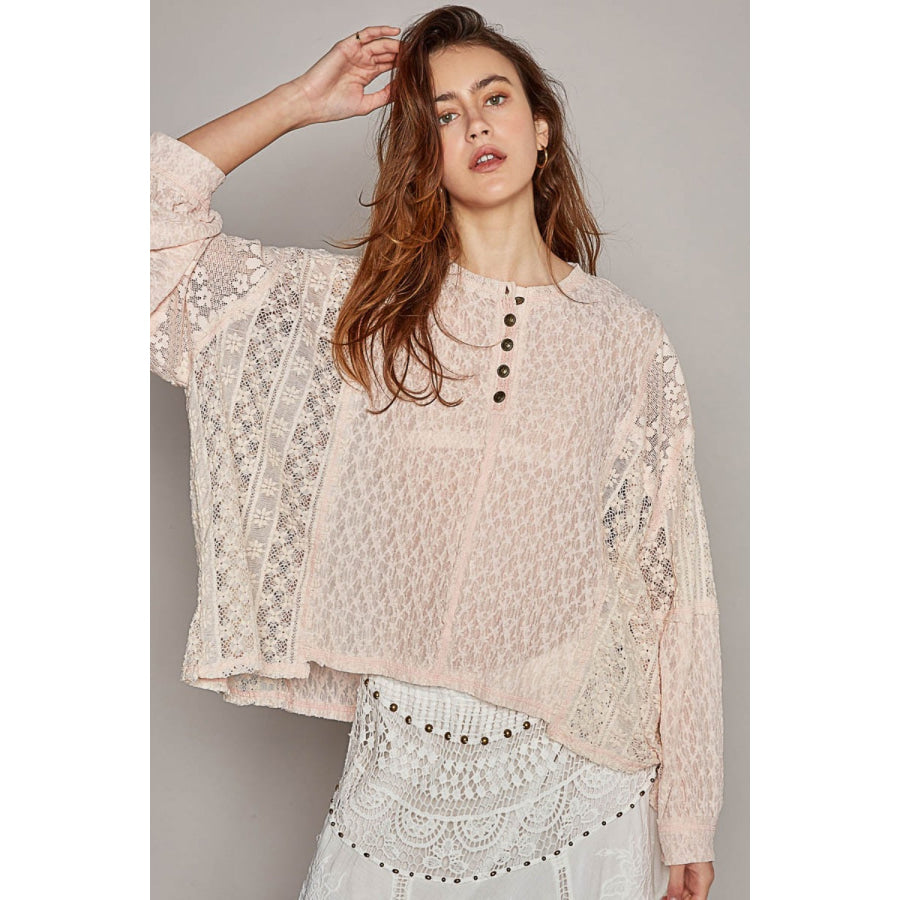 POL Round Neck Long Sleeve Raw Edge Lace Top Blush / S Apparel and Accessories