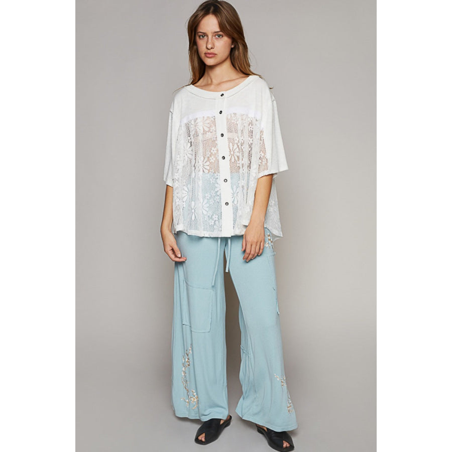 POL Round Neck Short Sleeve Lace Top Apparel and Accessories