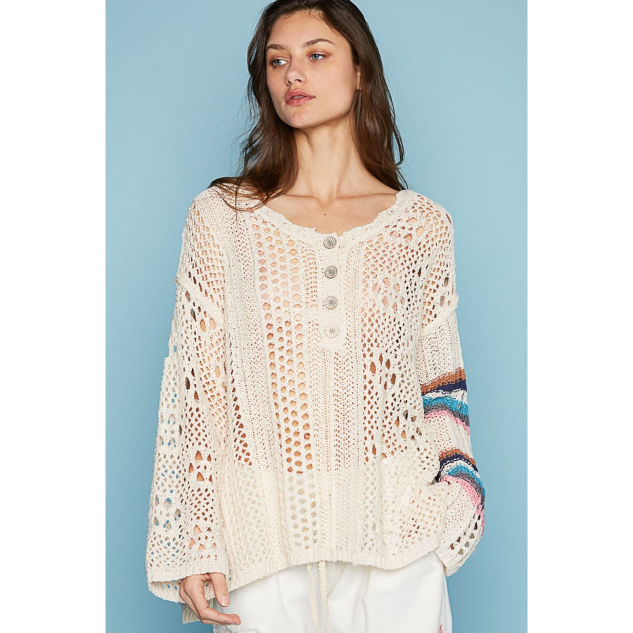 POL Round Neck Striped Long Sleeve Knit Cover Up Oatmeal Multi / S Apparel and Accessories