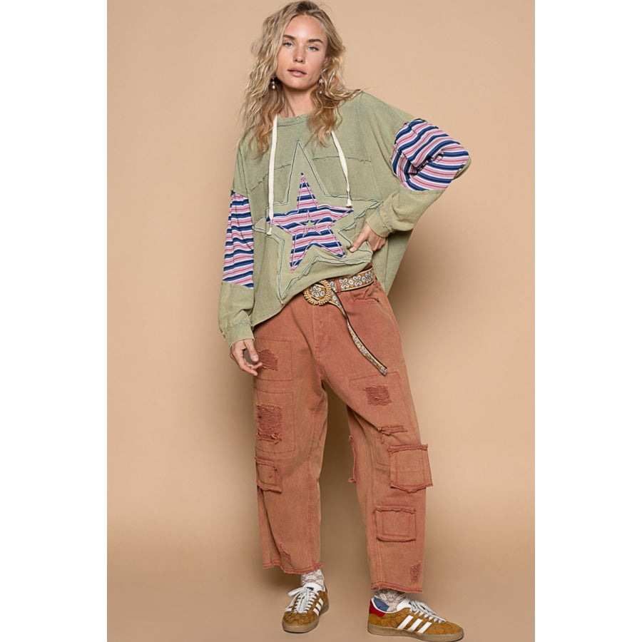 POL Star Patchwork Raw Edge French Terry Hoodie Apparel and Accessories
