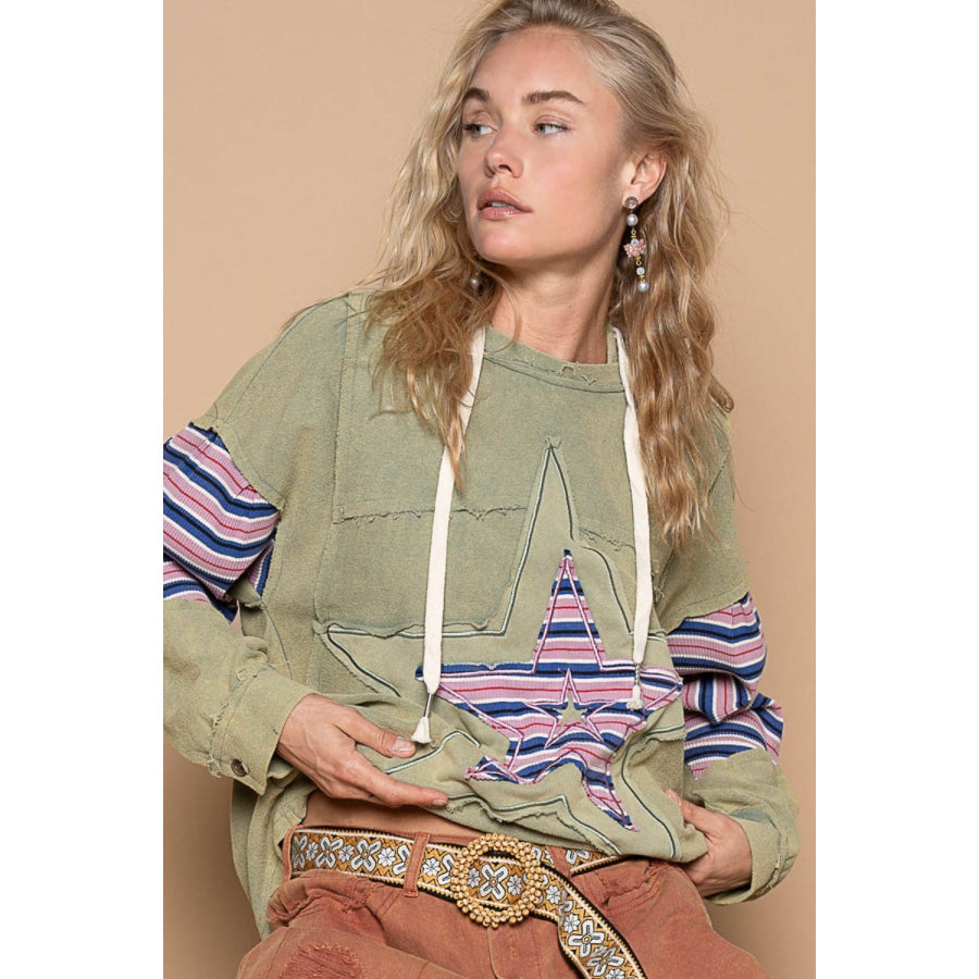 POL Star Patchwork Raw Edge French Terry Hoodie Apparel and Accessories