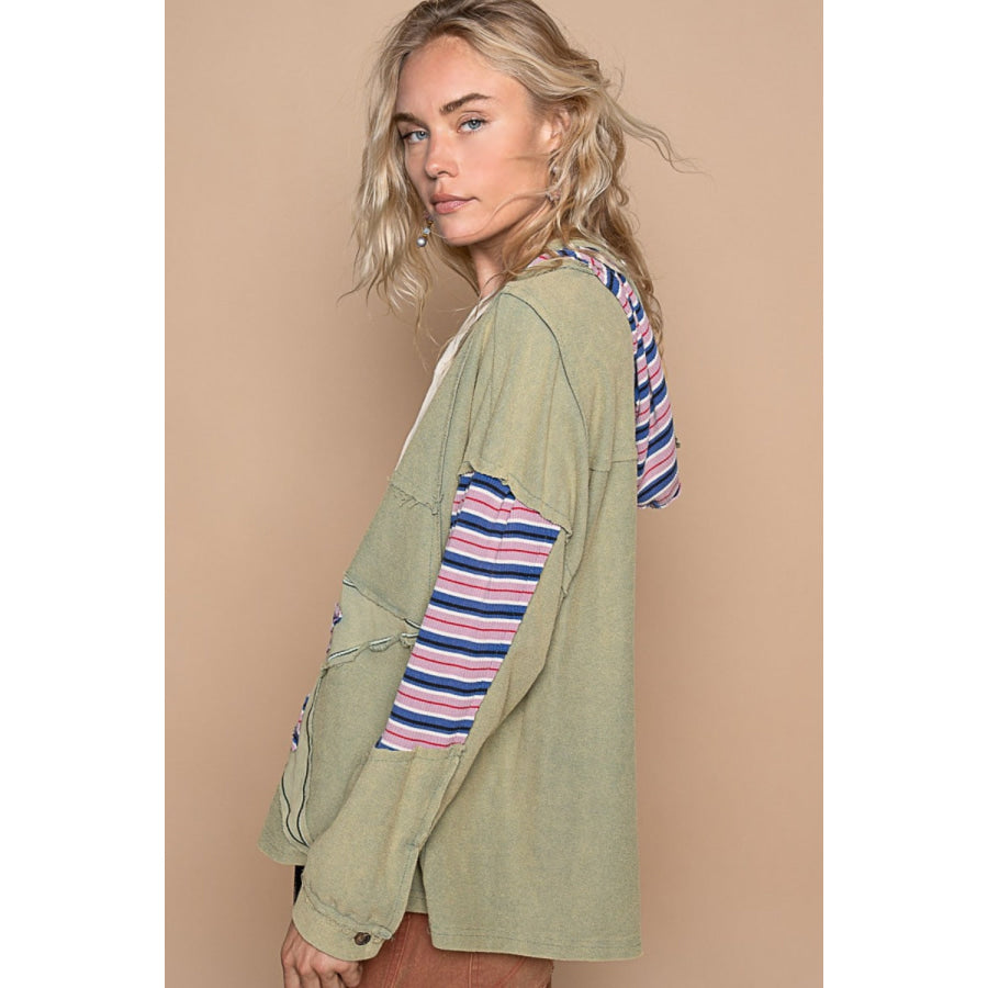 POL Star Patchwork Raw Edge French Terry Hoodie Dried Matcha / S Apparel and Accessories