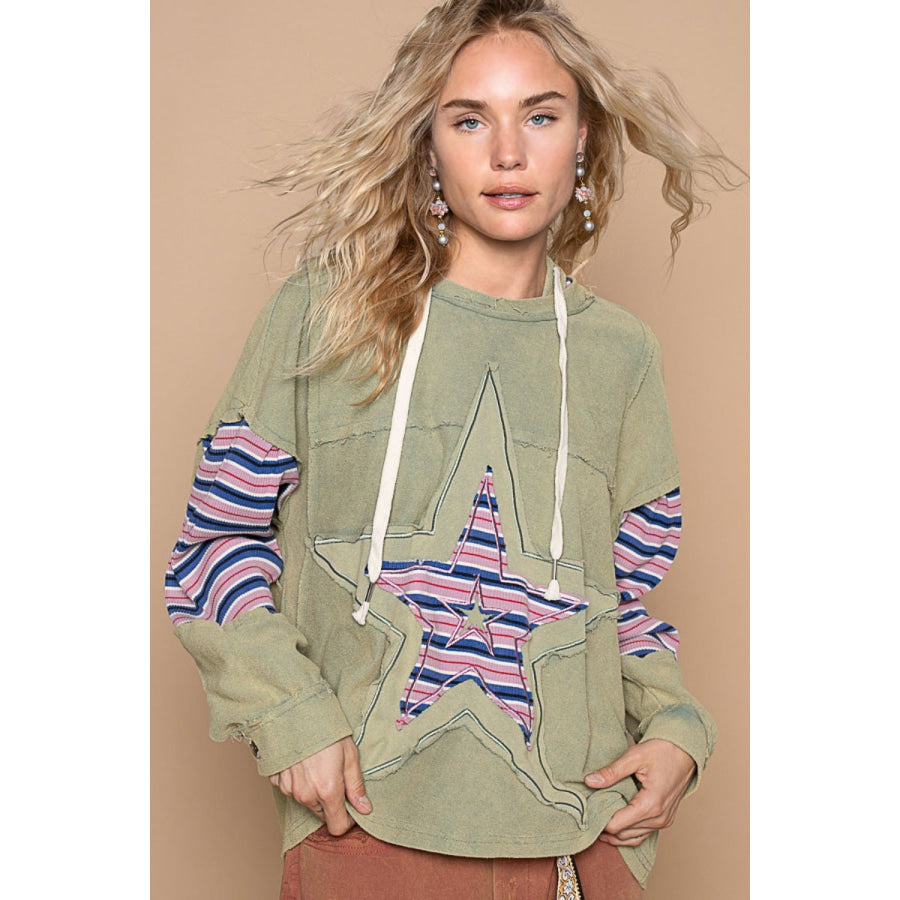 POL Star Patchwork Raw Edge French Terry Hoodie Dried Matcha / S Apparel and Accessories