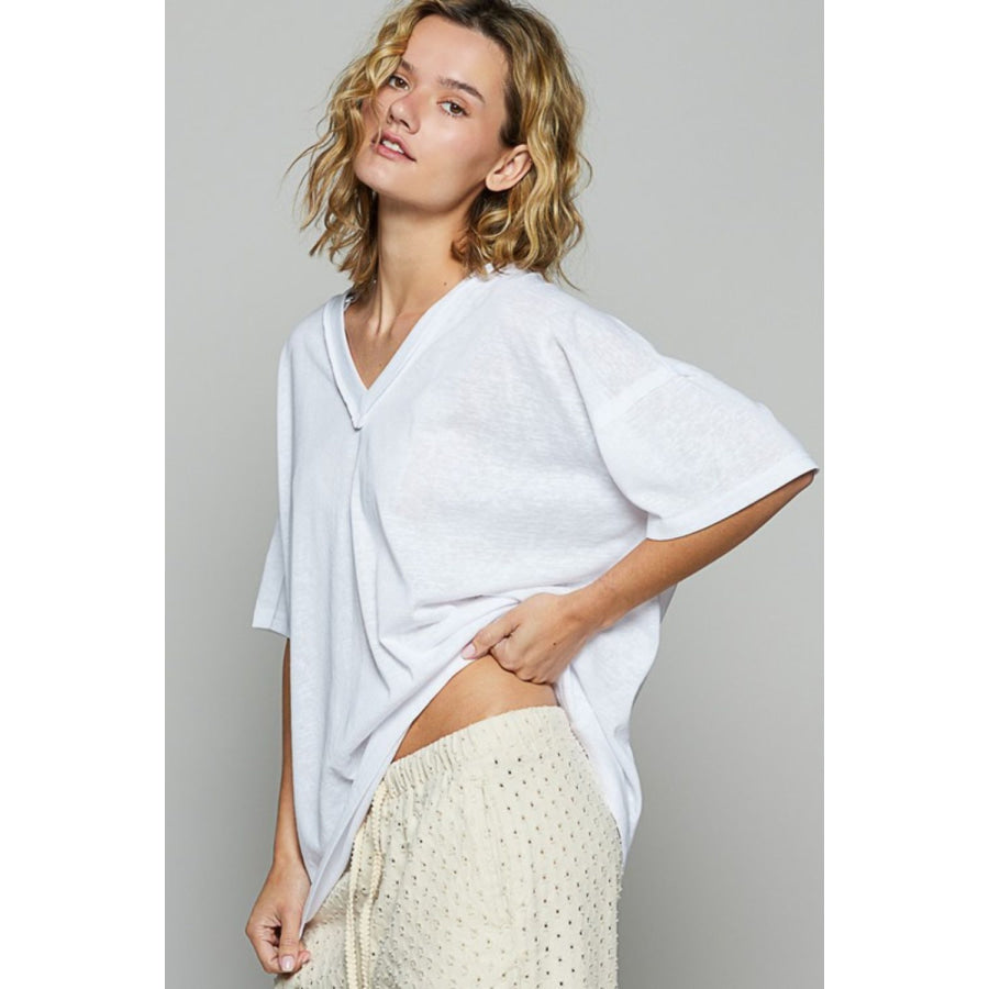 POL V-Neck Half Sleeve T-Shirt Off White / S Apparel and Accessories