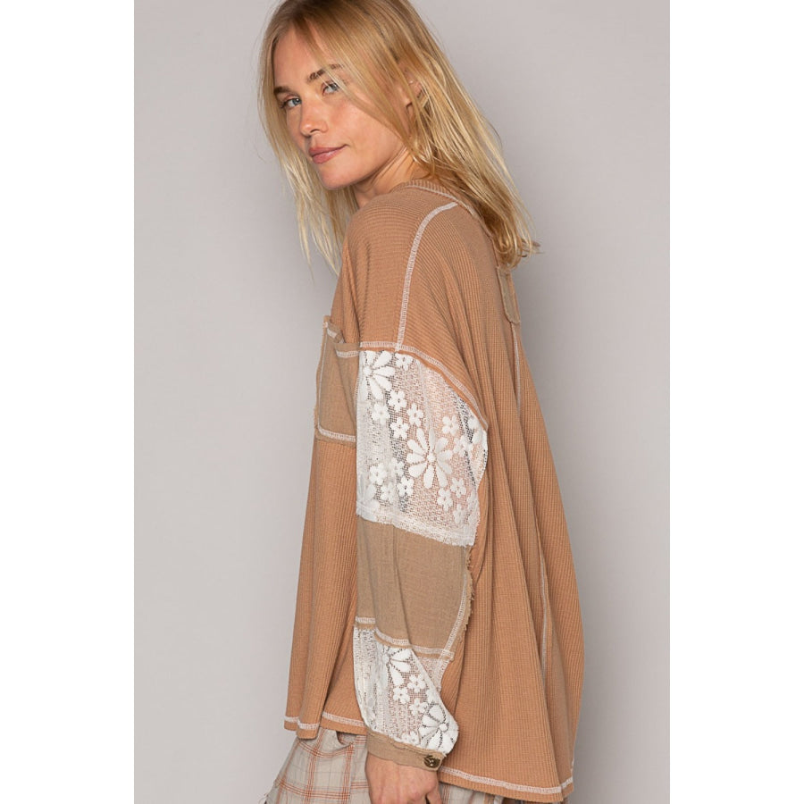 POL V-Neck Lace Balloon Sleeve Exposed Seam Top Coffee / S Apparel and Accessories