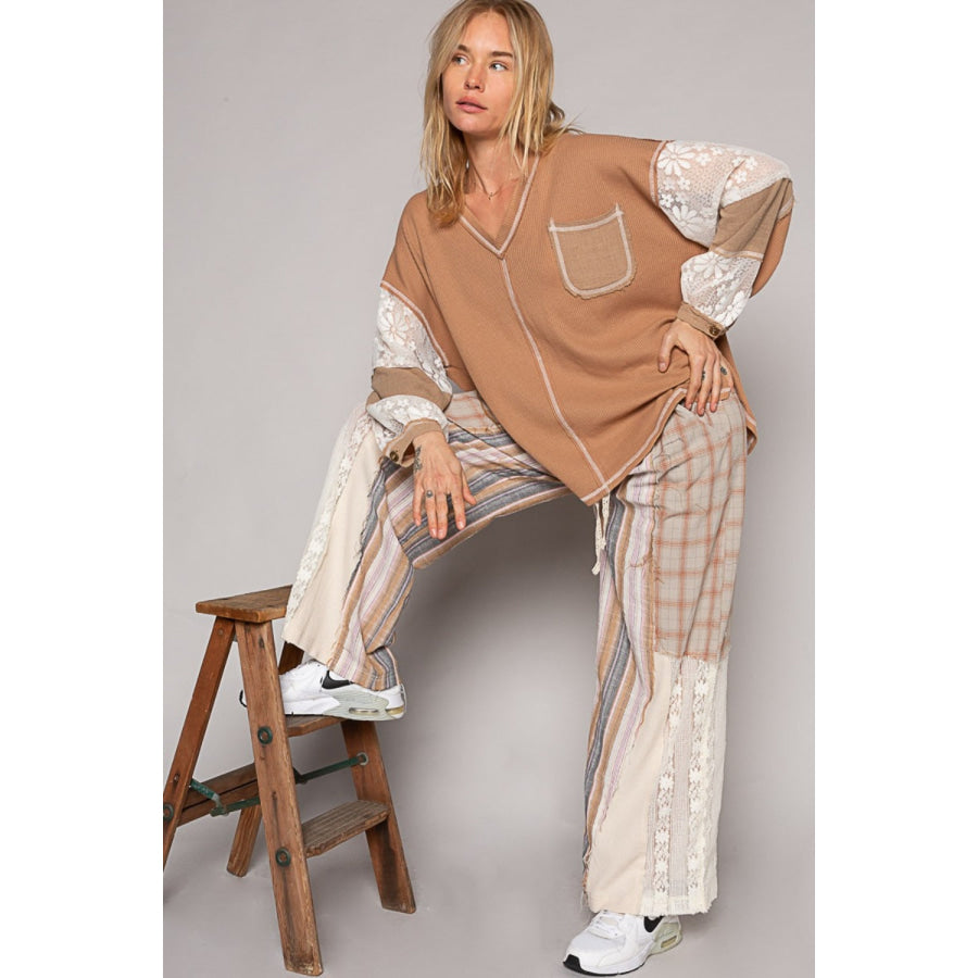 POL V-Neck Lace Balloon Sleeve Exposed Seam Top Apparel and Accessories