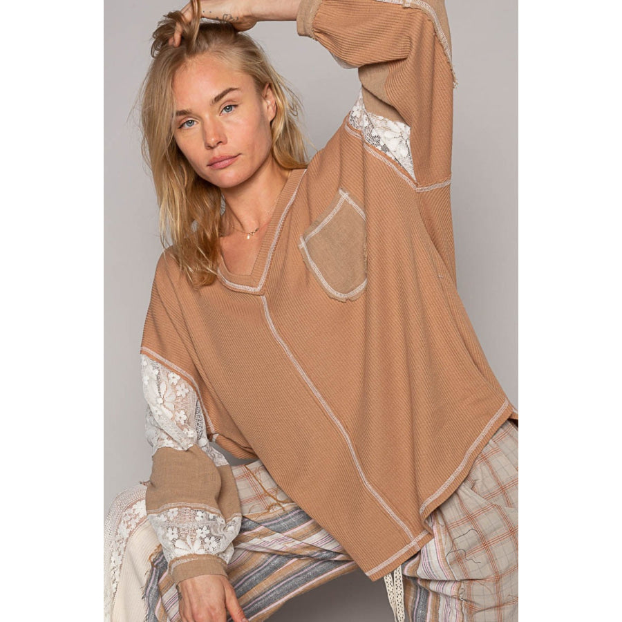 POL V-Neck Lace Balloon Sleeve Exposed Seam Top Coffee / S Apparel and Accessories