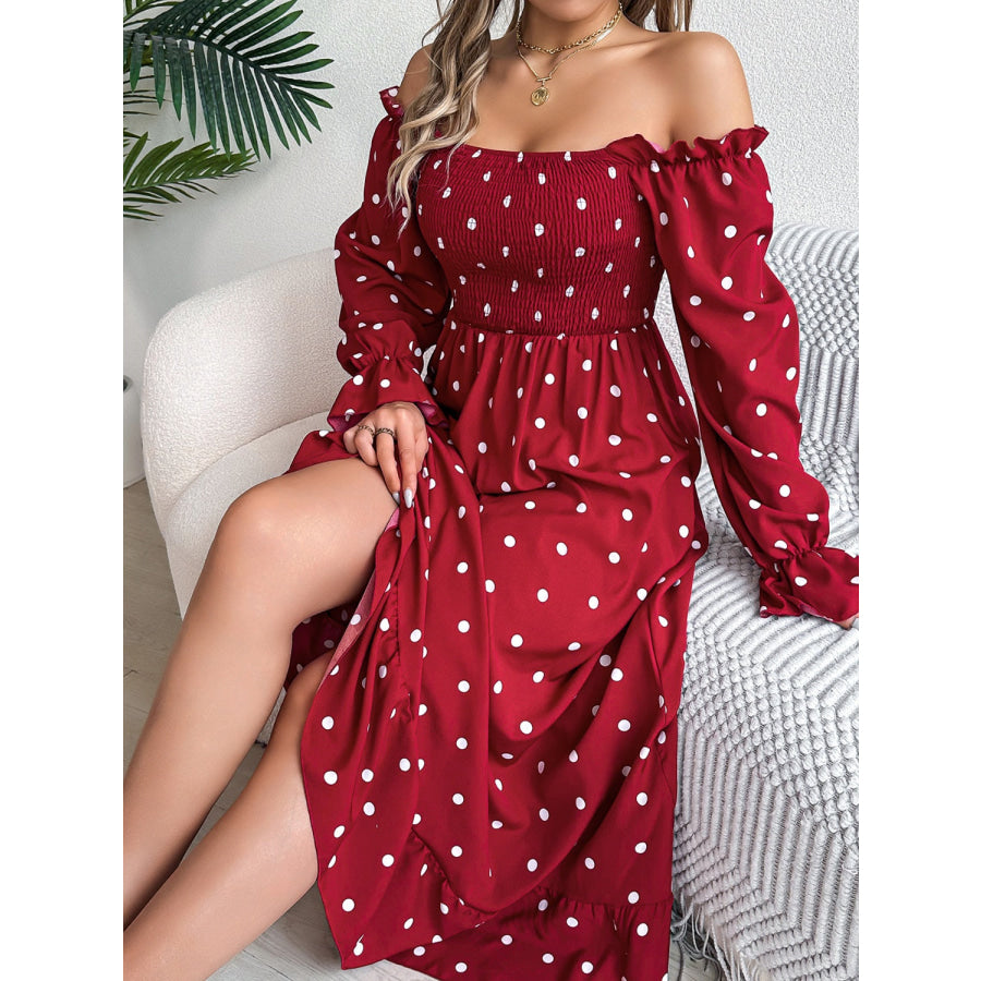 Polka Dot Flounce Sleeve Midi Dress Apparel and Accessories