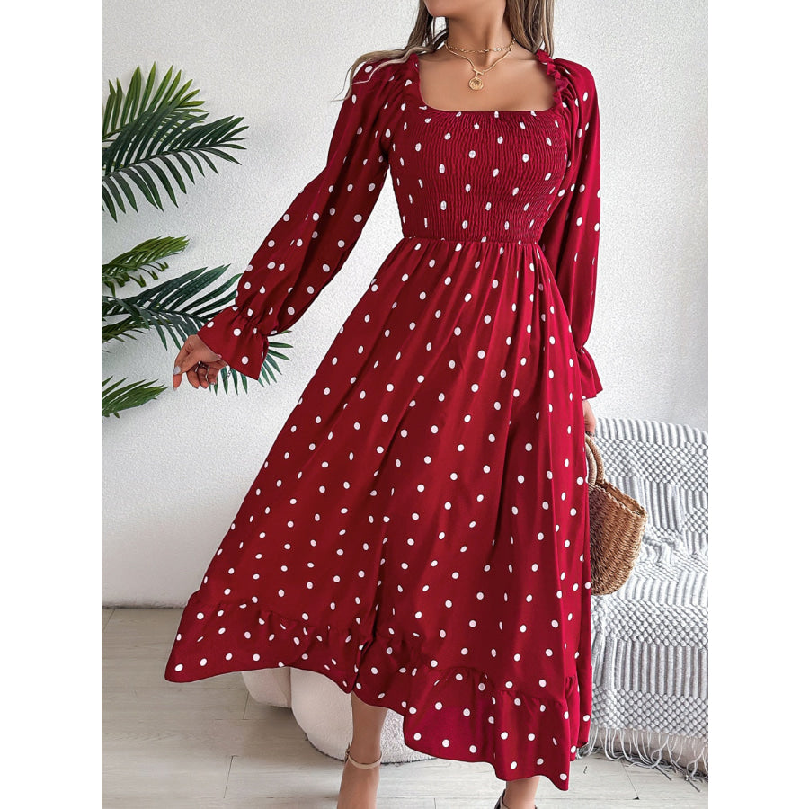 Polka Dot Flounce Sleeve Midi Dress Apparel and Accessories