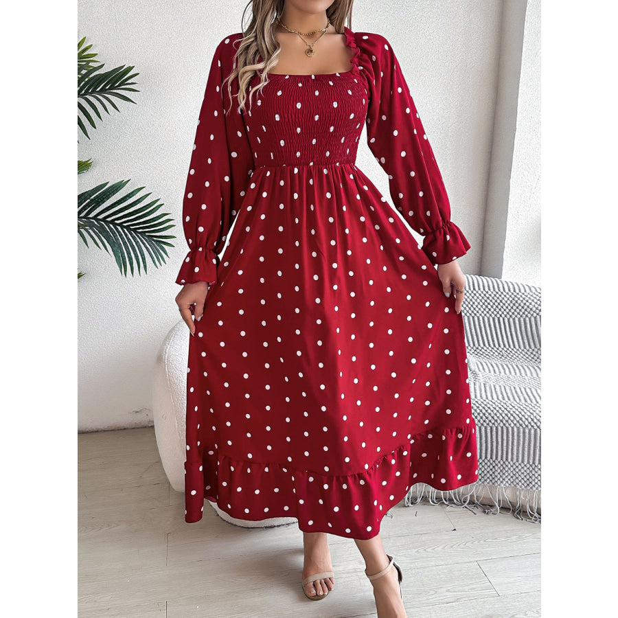 Polka Dot Flounce Sleeve Midi Dress Burgundy / S Apparel and Accessories