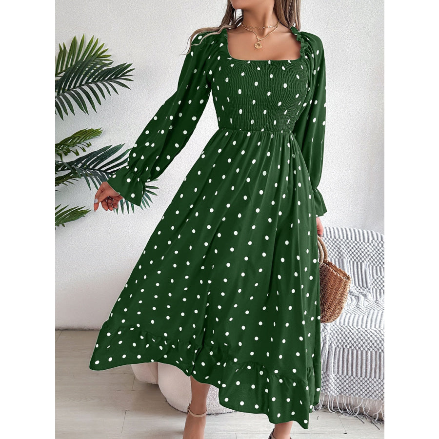 Polka Dot Flounce Sleeve Midi Dress Dark Green / S Apparel and Accessories