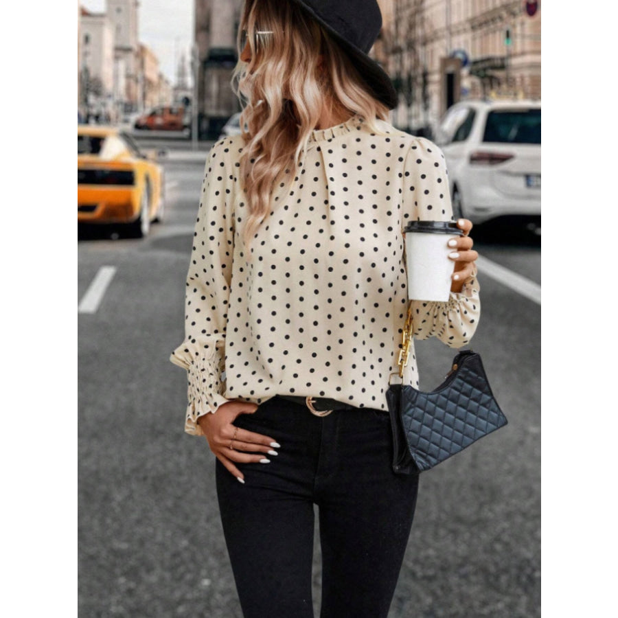 Polka Dot Mock Neck Long Sleeve Blouse Apparel and Accessories