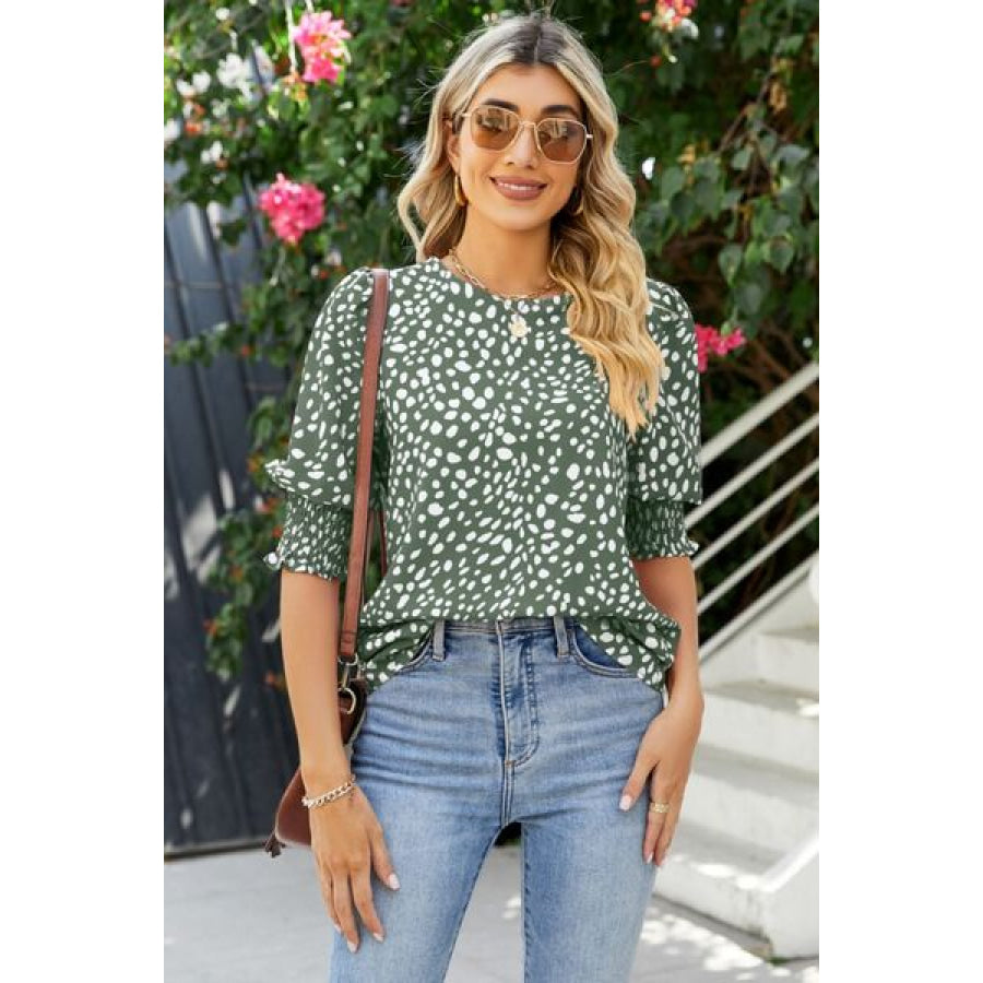 Polka Dot Round Neck Lantern Sleeve Blouse Gum Leaf / S Clothing