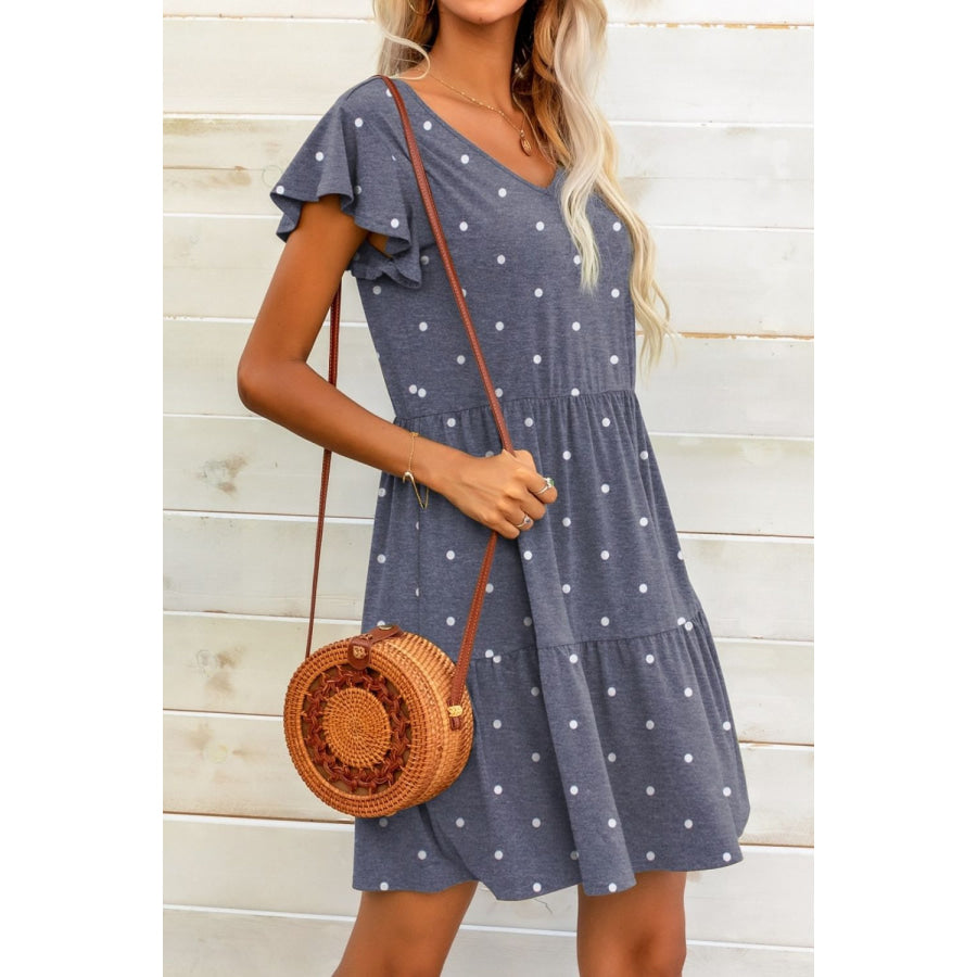 Polka Dot V-Neck Flutter Sleeve Mini Dress