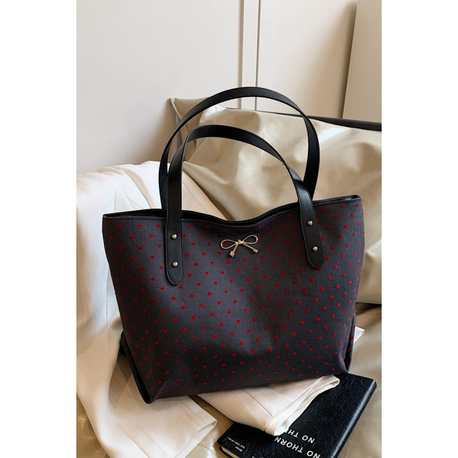 Polyester Bow Polka Dot Tote Bag Peach Heart / One Size Apparel and Accessories