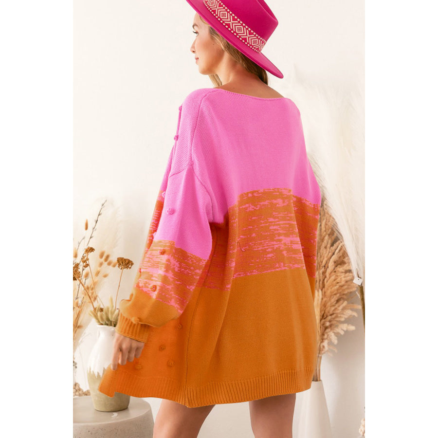 Pompom Color Block Open Front Cardigan Apparel and Accessories