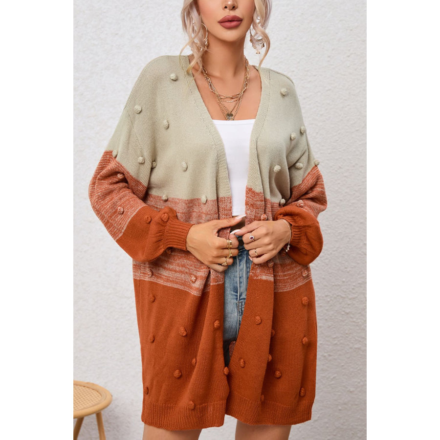 Pompom Color Block Open Front Cardigan Caramel / S Apparel and Accessories