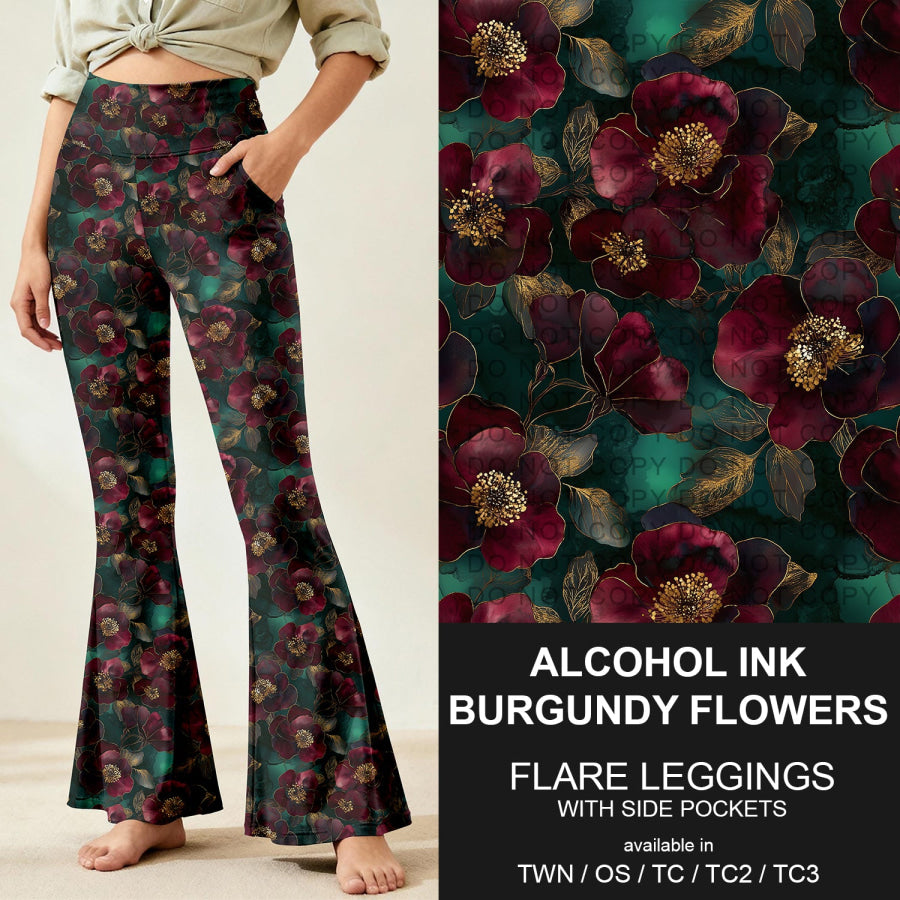 Preorder Custom Flare Leggings - Alcohol Ink Burgundy Flowers - Closes 9 Nov - ETA early Feb 2026 Loungewear